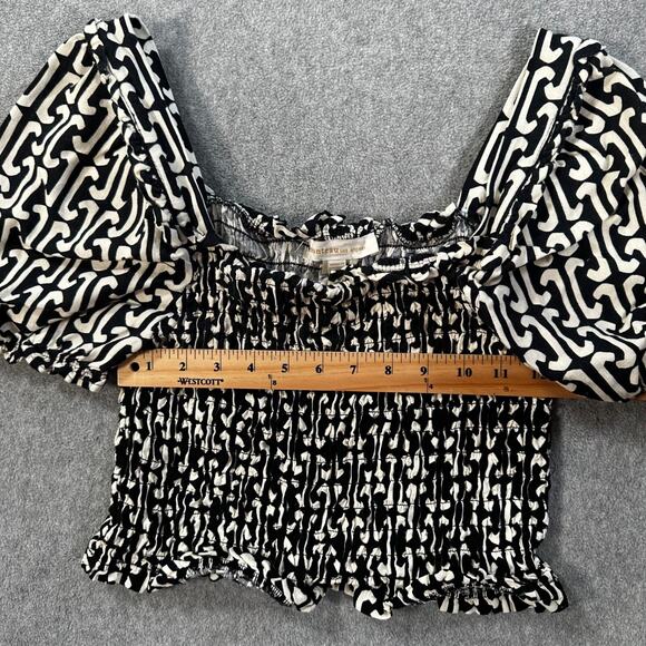 Monteau Los Angeles Puff Sleeve Smocked Crop Top Linen Blend Size XL Black/White - Picture 5 of 8